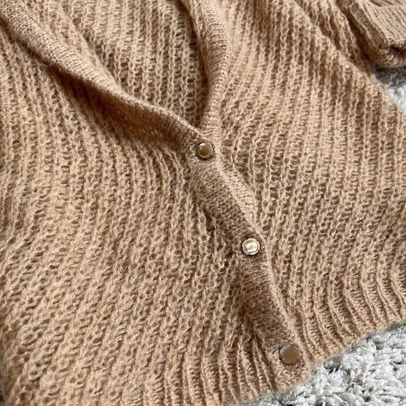 Express Mohair Wool Tan Short Sleeve Cropped Cowl Neck Knit Cardigan Sweater S - Picture 6 of 10
